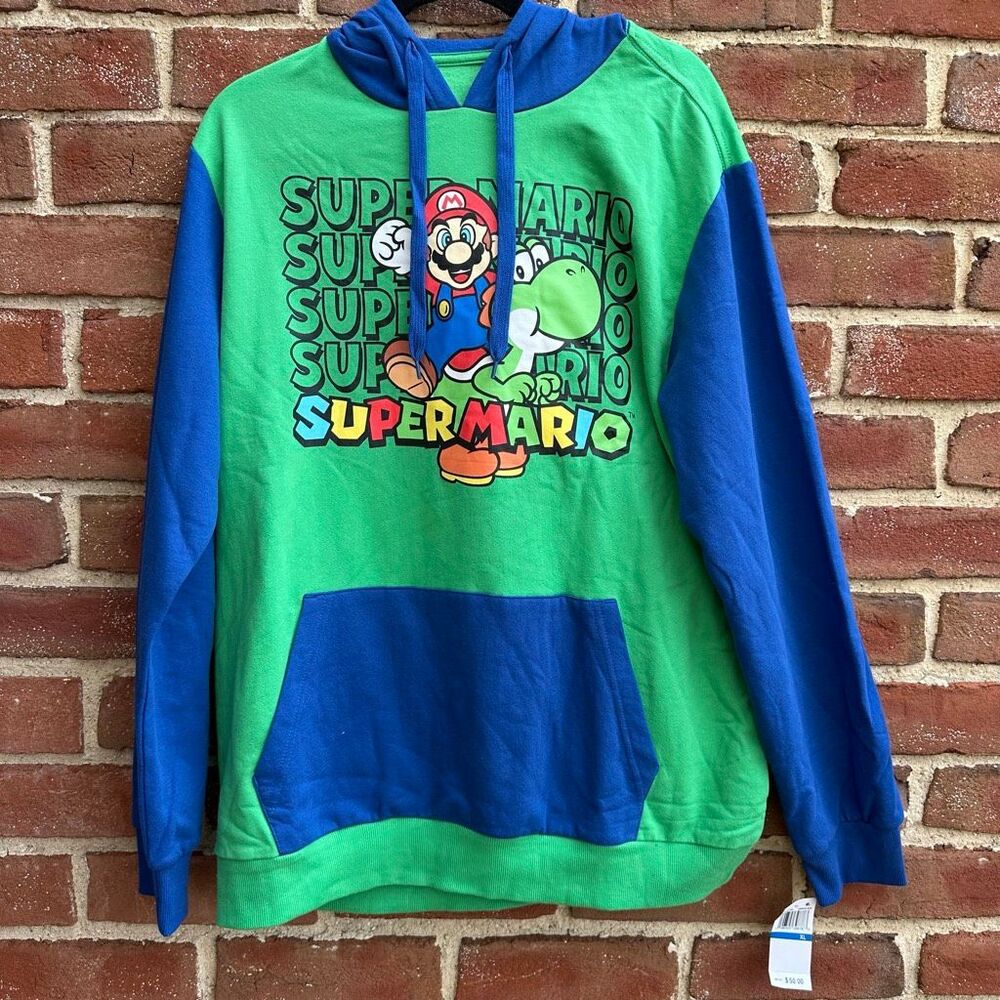 Nintendo Super Mario $50 Colorblock Pullover Hoodie Men's Green & Blue XL NEW